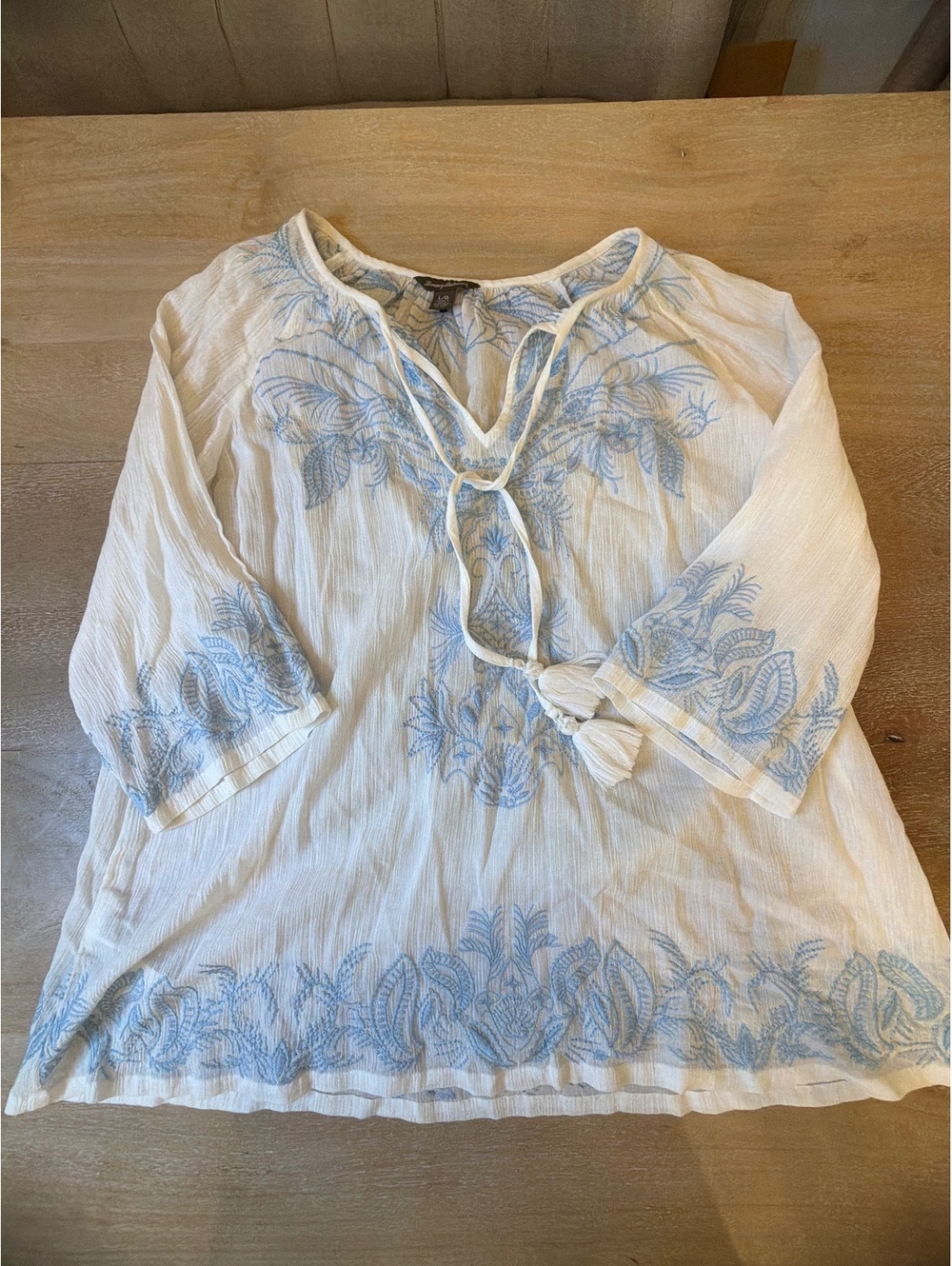 Tommy Bahama Women's White Blouse with Blue Embroidery and Tassel Tie